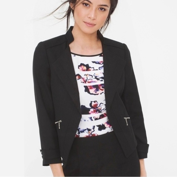 White House Black Market Black Linen Blend Cropped Sleeve Open Blazer Size 8 - Picture 1 of 15